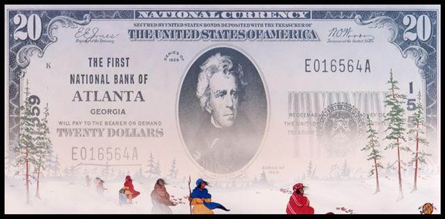 1829 Gold was discovered on Cherokee land in Georgia. The following year the state of Georgia passed a law outlawing the Cherokees from mining the gold. This was the first of several laws that led to the Trail of Tears enforced by Andrew Jackson. 100 years after the first law passed against the Cherokees, the First National Bank of Atlanta issued a twenty dollar bill honoring Andrew Jackson, ( and his legacy, the Trail of Tears).